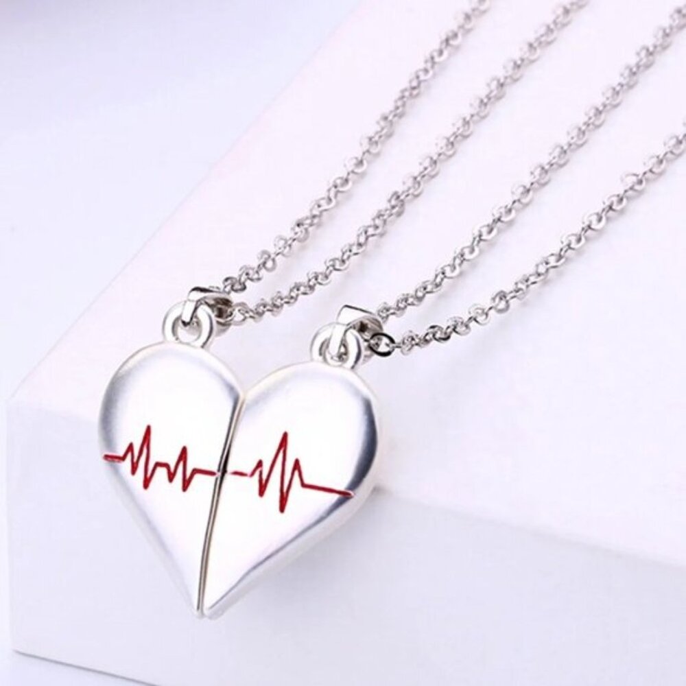 Silver Heartbeat Couple Love Necklace Matching, Friend, Wife, Girlfriend Gift